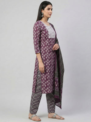 Elegant Purple Pure Cotton Printed Kurta Set with Dupatta - Image 2
