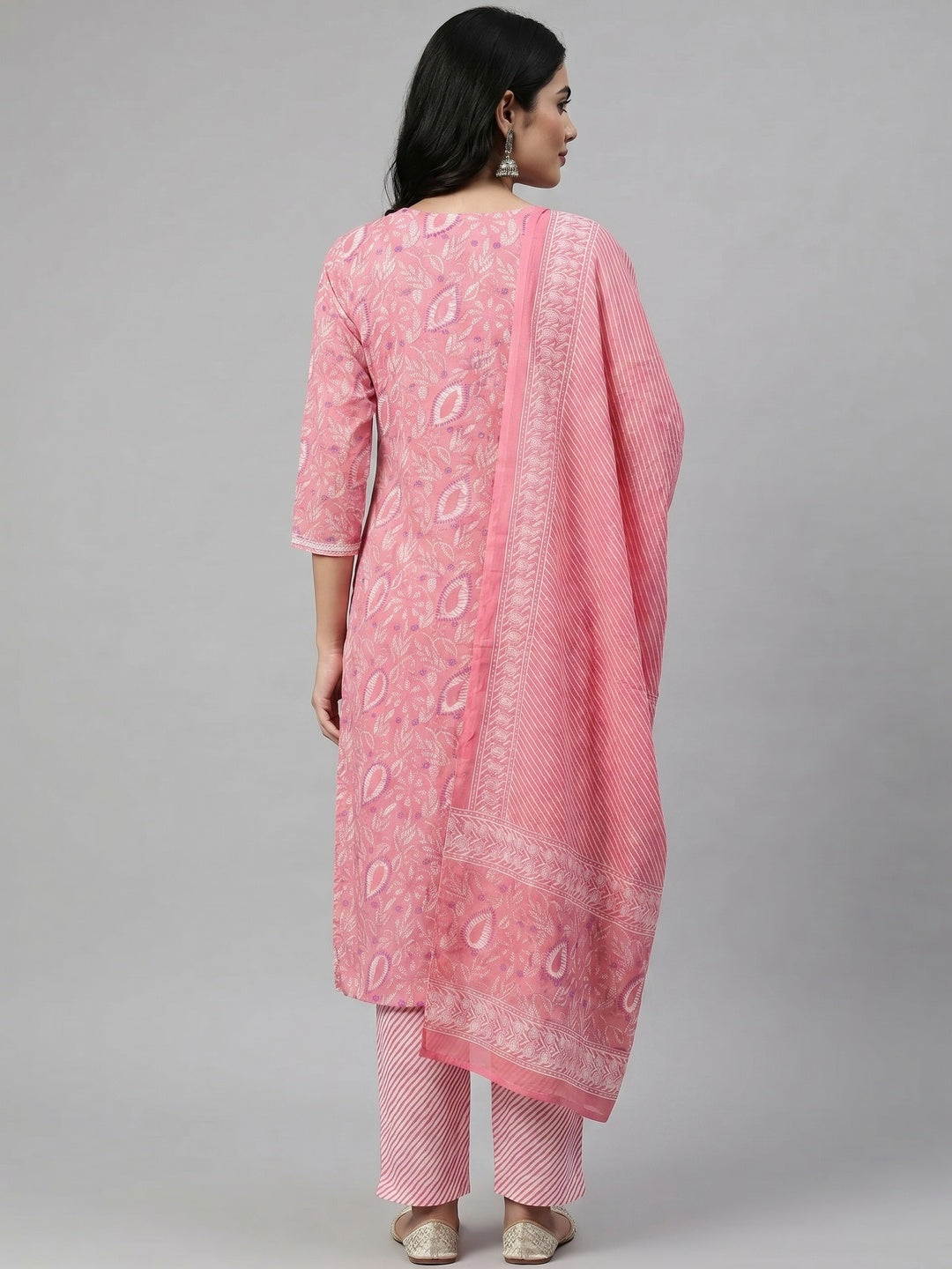 Elegant Pink Pure Cotton Kurta Set with Striped Bottom and Dupatta - Image 2