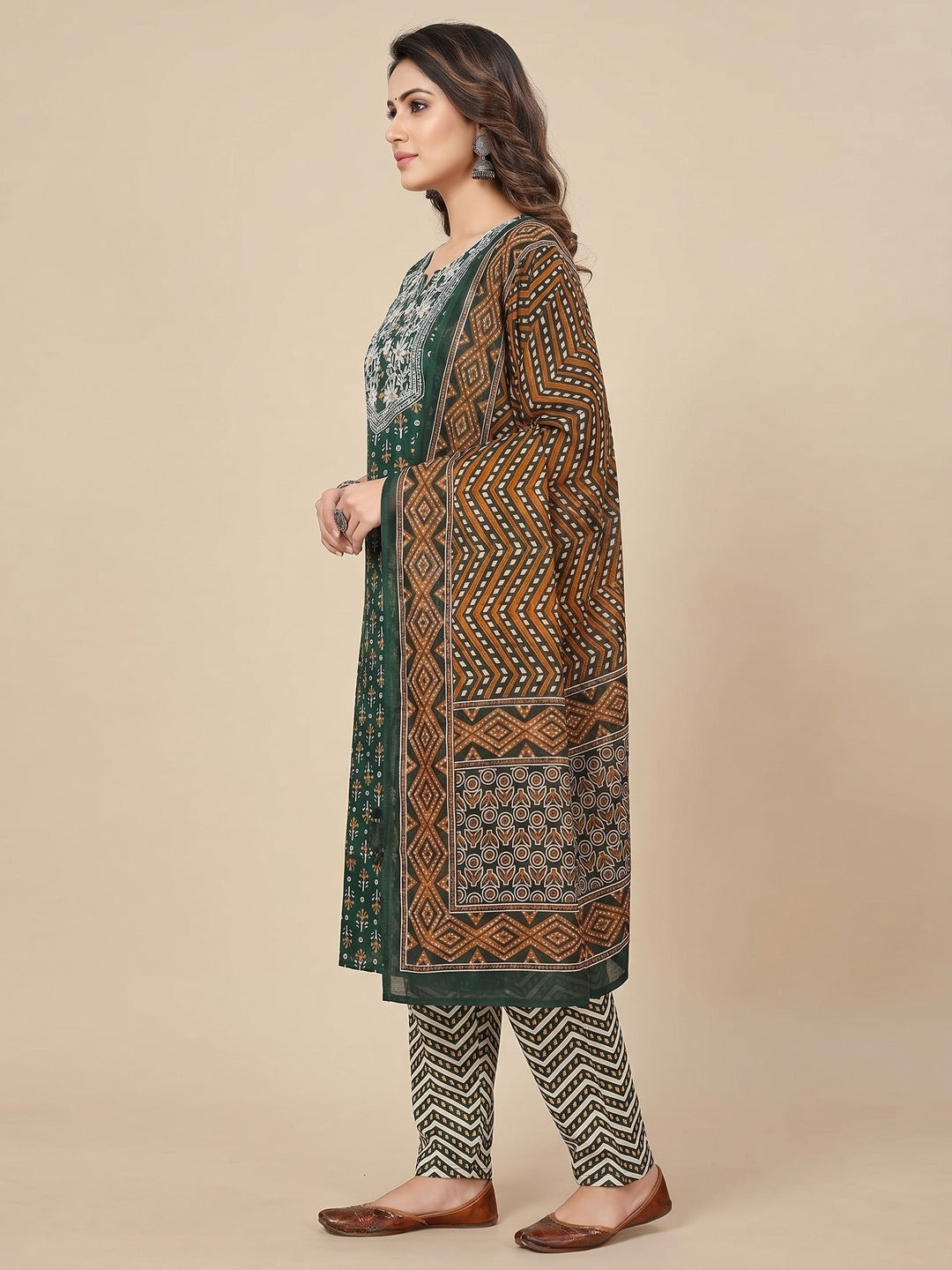 Elegant Green Pure Cotton Printed Salwar Suit Set for Women - Image 3