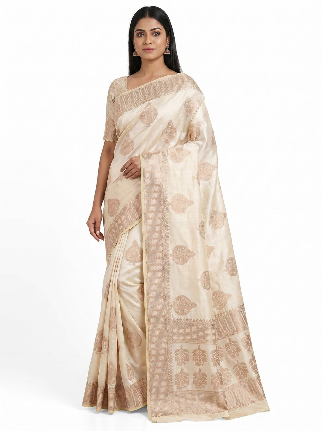 Cream Woven Raw Silk Saree - Image 1