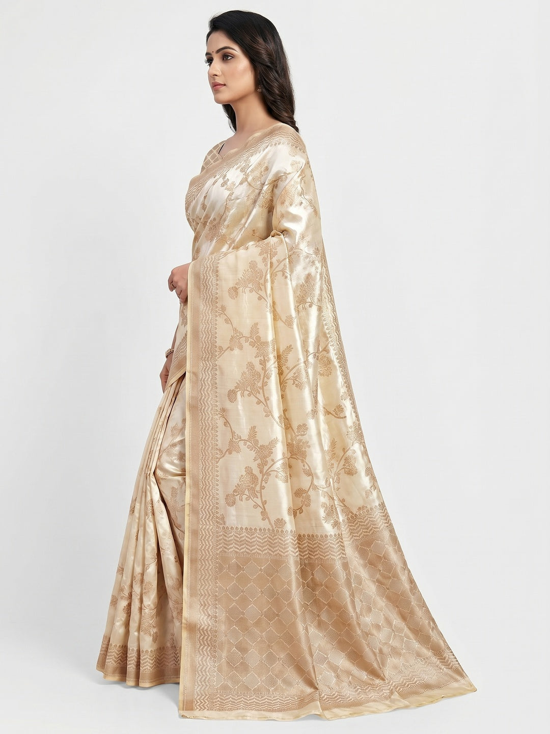 Cream Woven Raw Silk Saree - Image 3