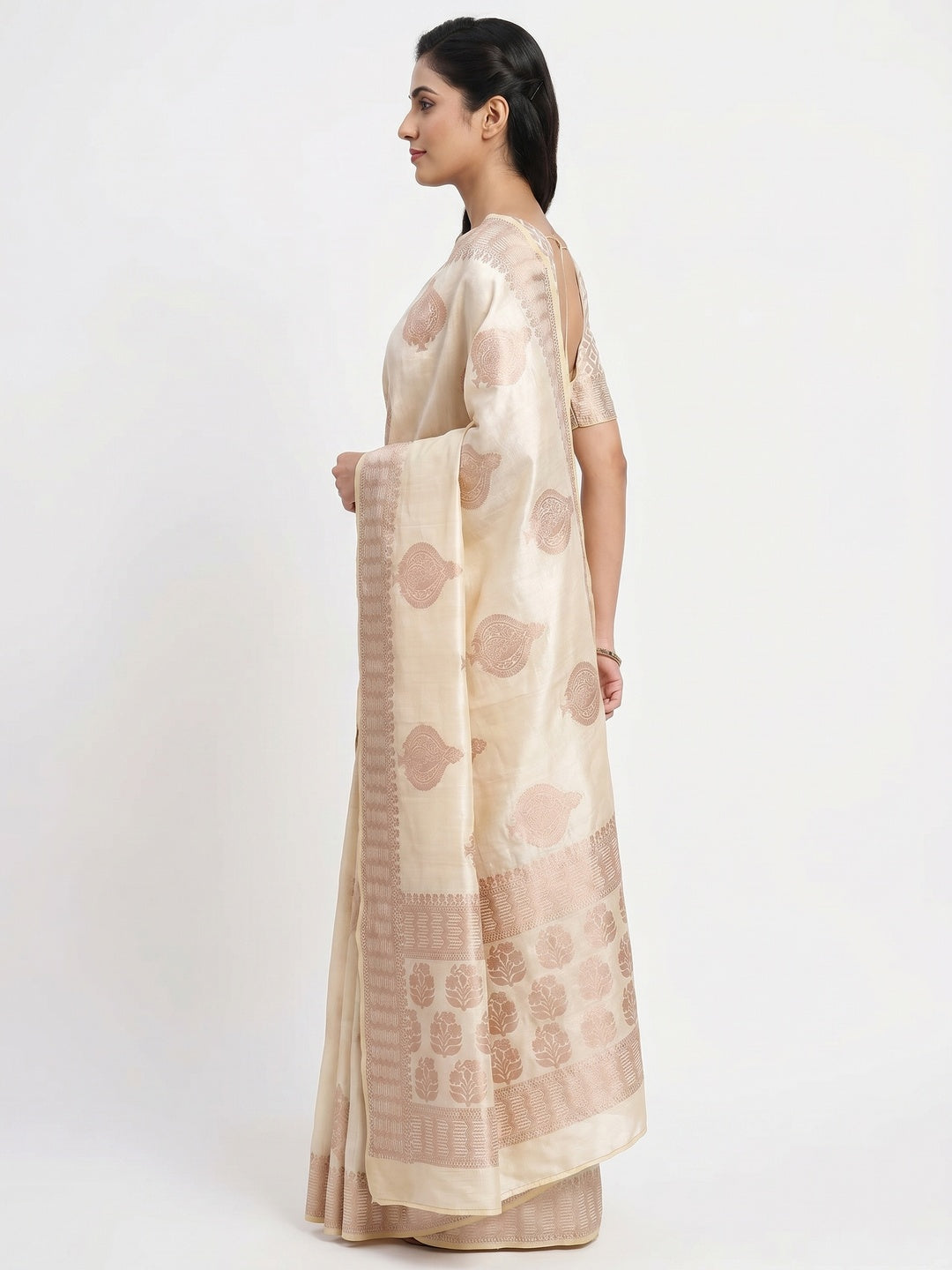 Cream Woven Raw Silk Saree - Image 3