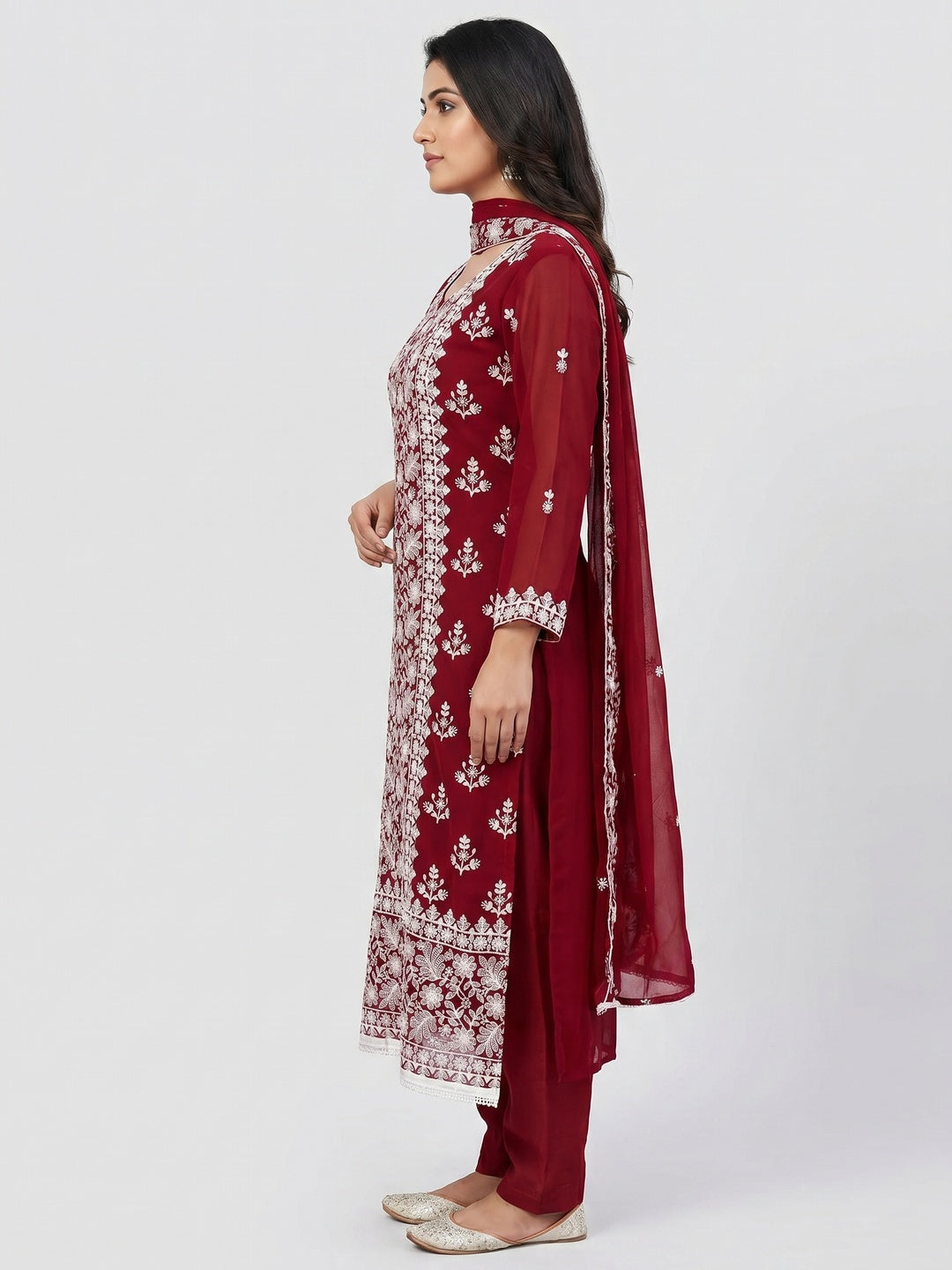 Red Floral Embroidered Georgette Dress Material - Image 3