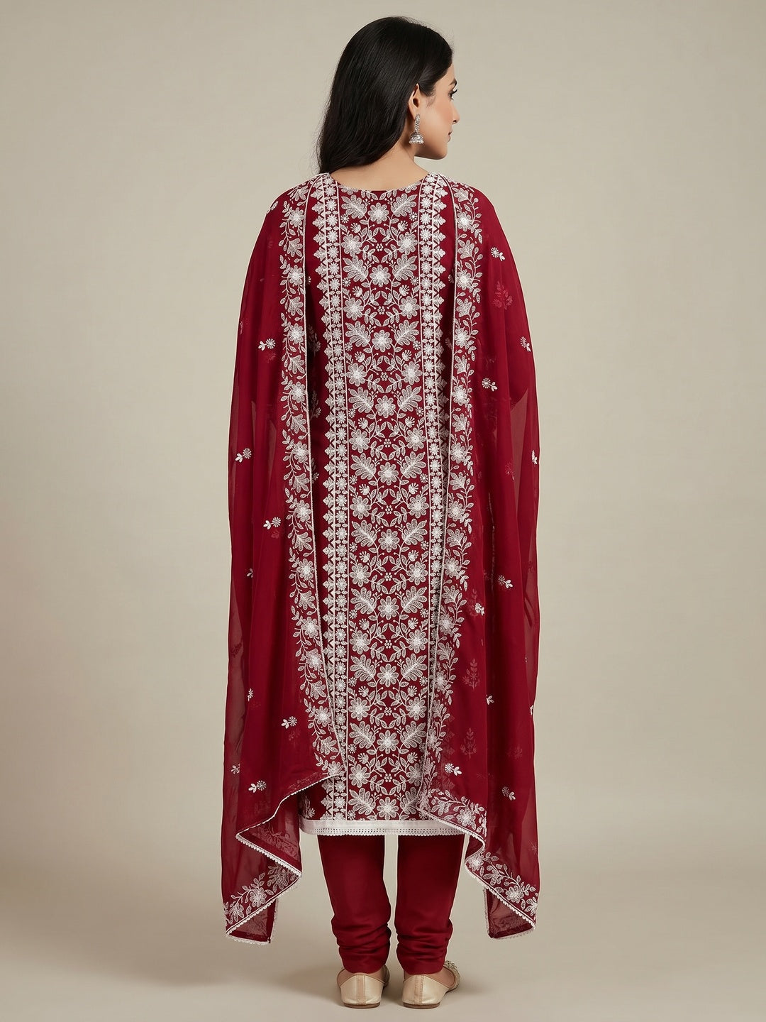 Red Floral Embroidered Georgette Dress Material - Image 2