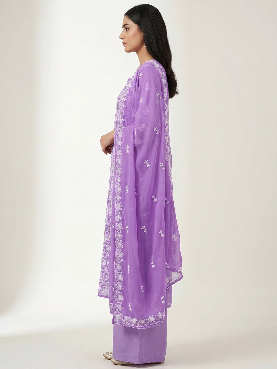Lavender Floral Embroidered Georgette Dress Material - Image 2