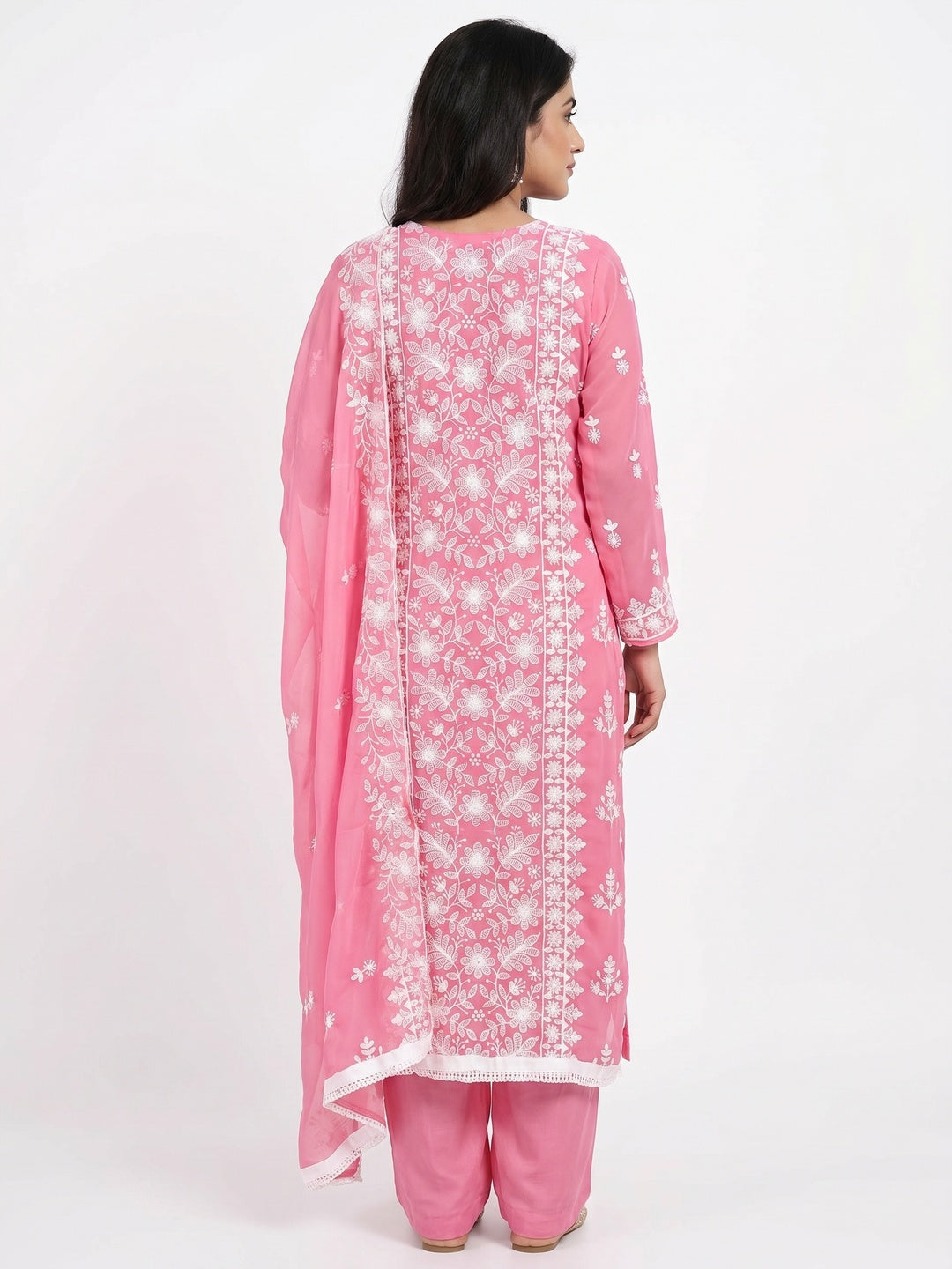Pink Floral Embroidered Georgette Dress Material - Image 3