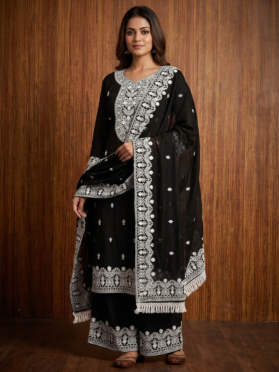 Black Lucknowi Embroidered Modal Dress Material - Image 2
