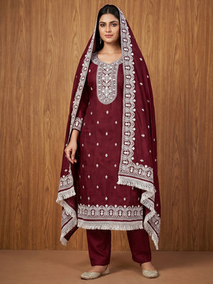 Maroon Lucknowi Embroidered Modal Dress Material - Image 1