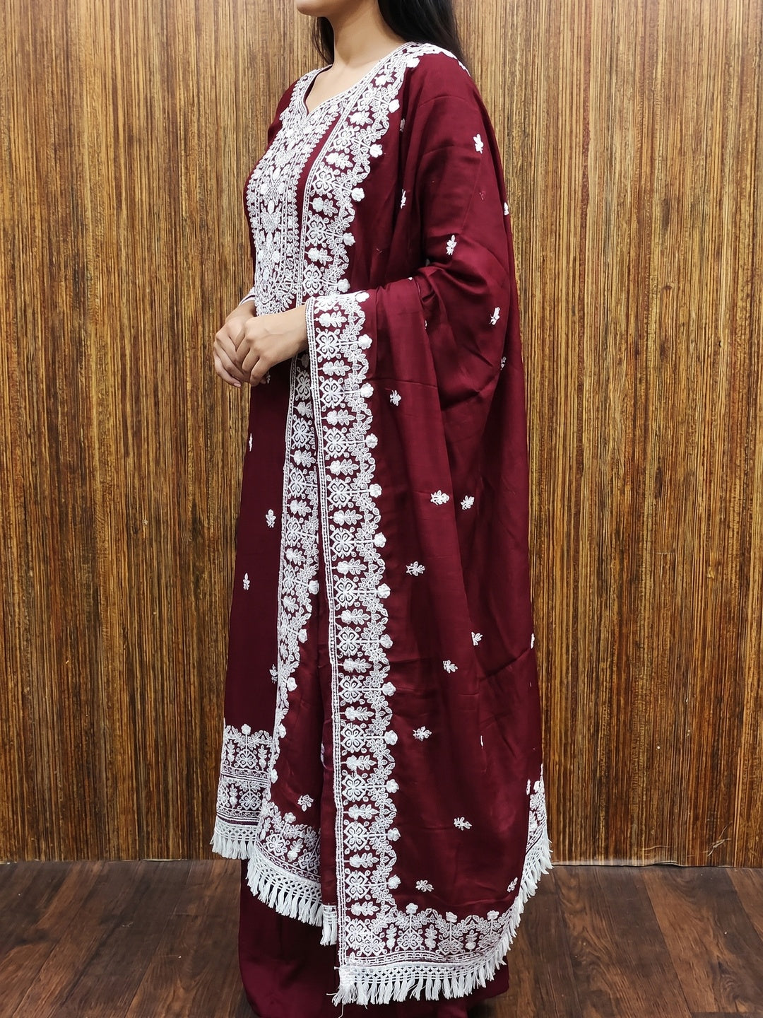 Maroon Lucknowi Embroidered Modal Dress Material - Image 2