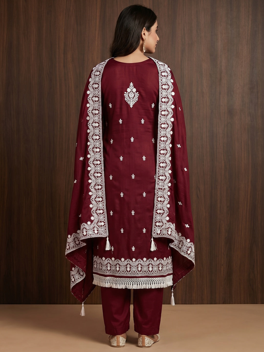 Maroon Lucknowi Embroidered Modal Dress Material - Image 3