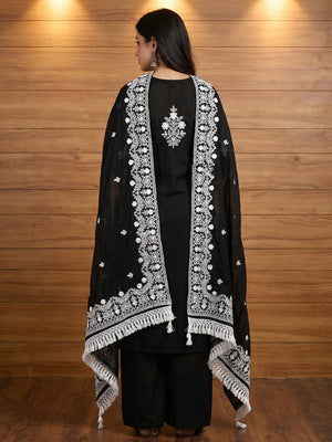 Black Lucknowi Embroidered Modal Dress Material - Image 1