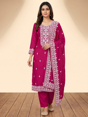Rani Pink Lucknowi Embroidered Modal Dress Material - Image 1