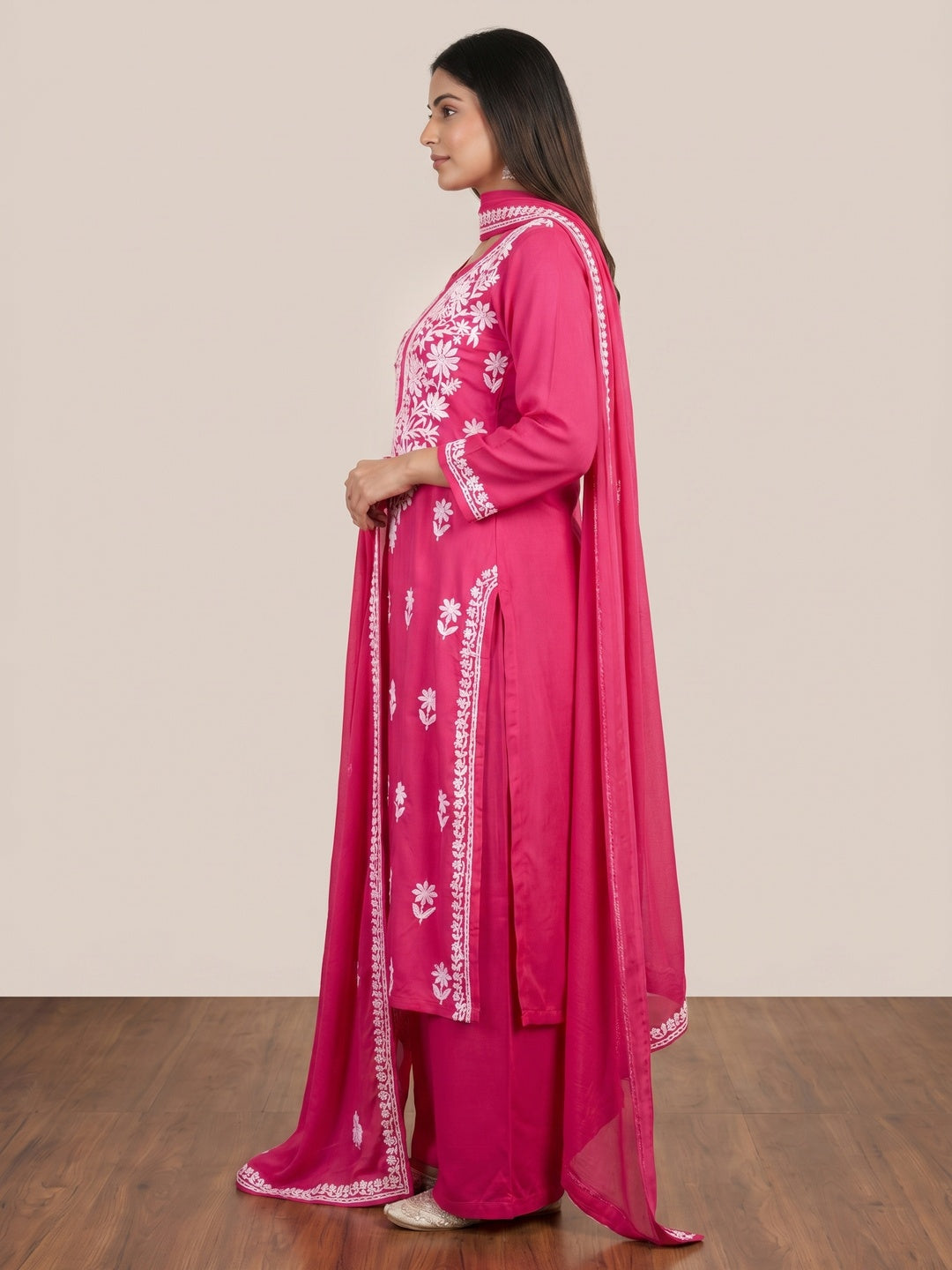 Rani Pink Lucknowi Embroidered Modal Dress Material - Image 2