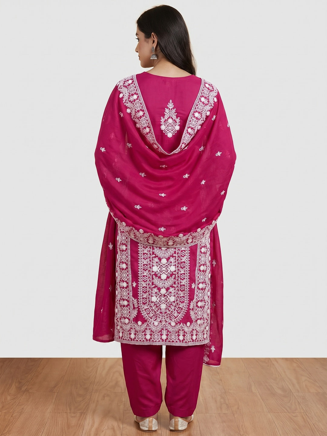 Rani Pink Lucknowi Embroidered Modal Dress Material - Image 3