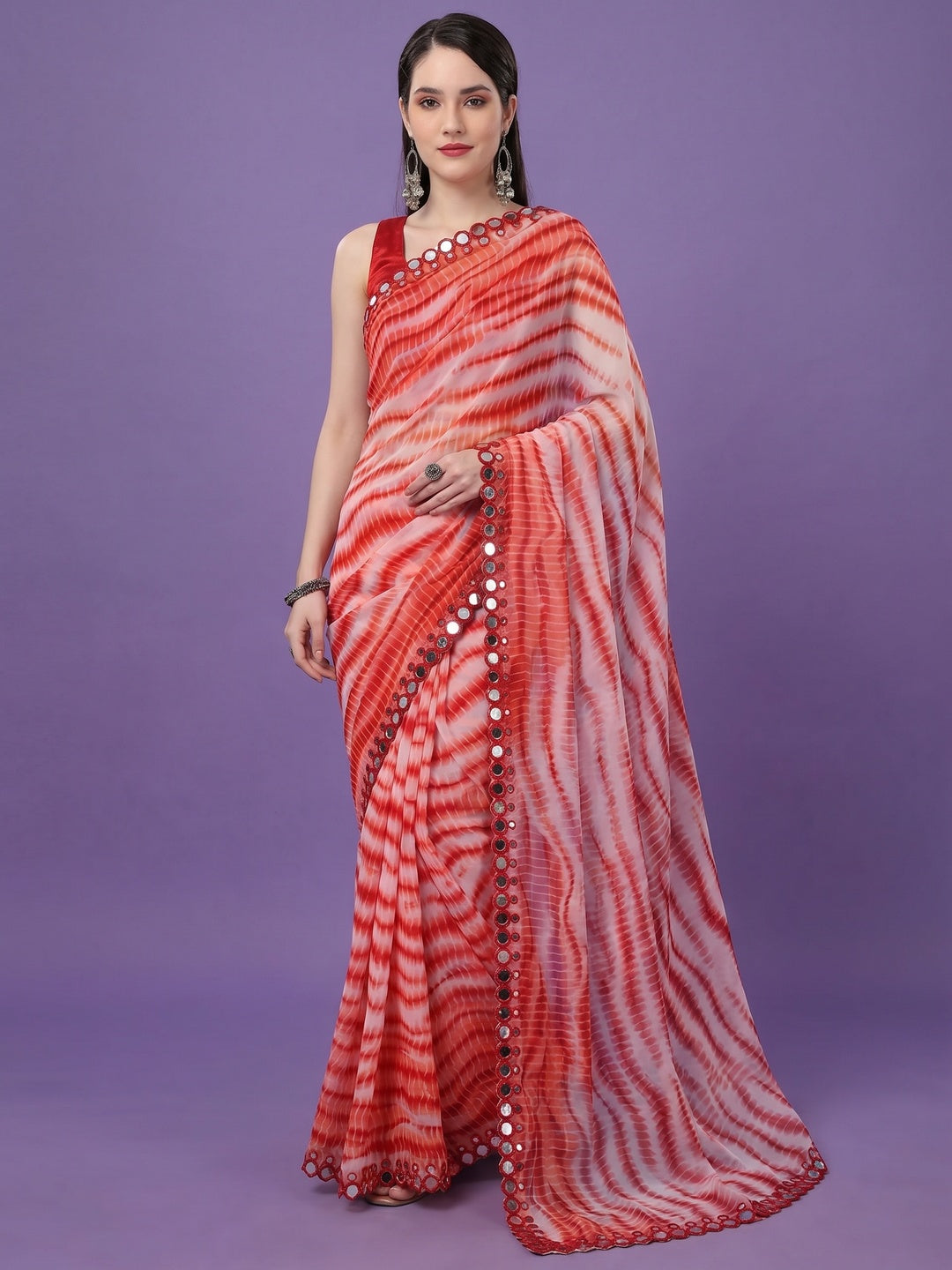 Red Printed With Fancy Mirror Georgette Saree - Image 1