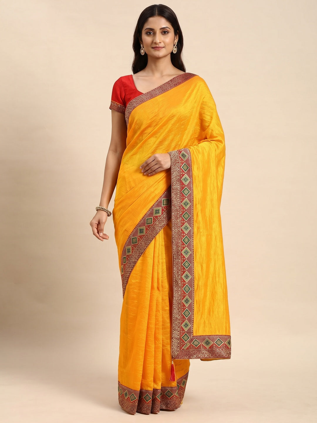 Yellow Solid Vichitra Silk Saree With Fancy Border - Image 1