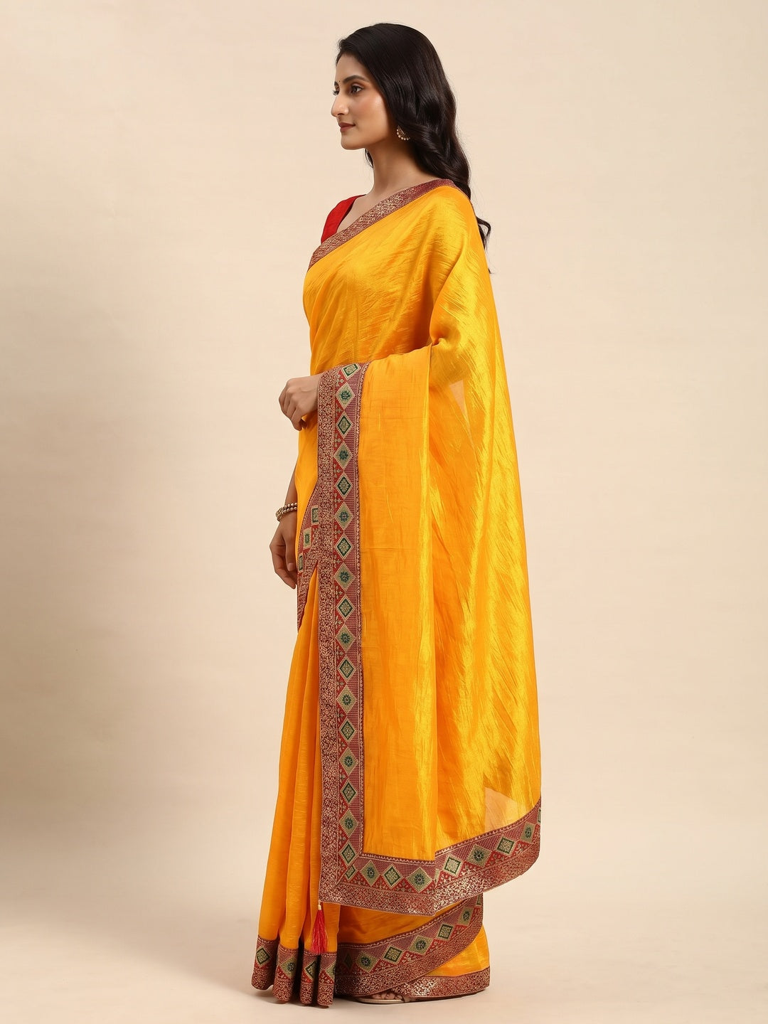 Yellow Solid Vichitra Silk Saree With Fancy Border - Image 3