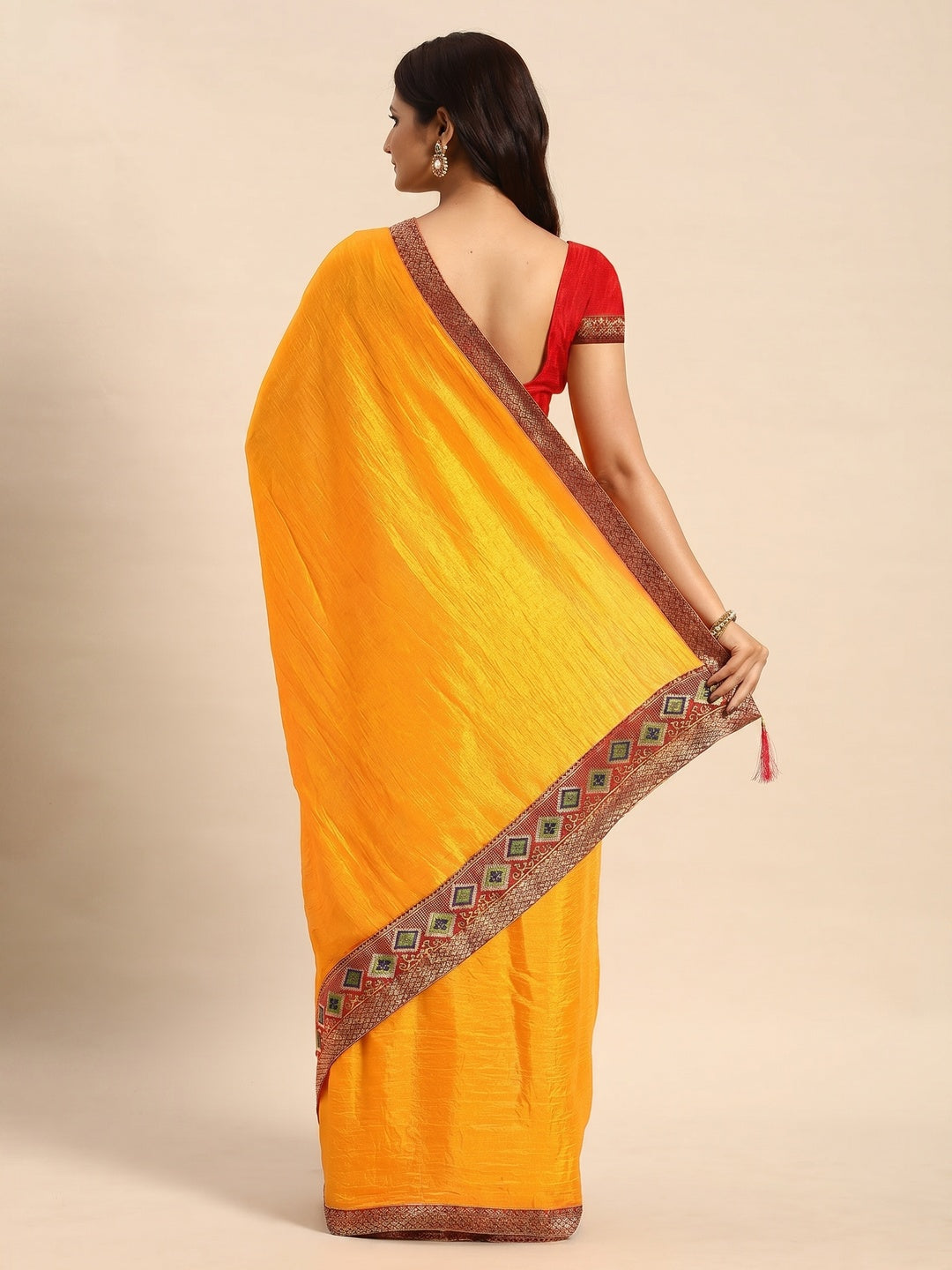 Yellow Solid Vichitra Silk Saree With Fancy Border - Image 2