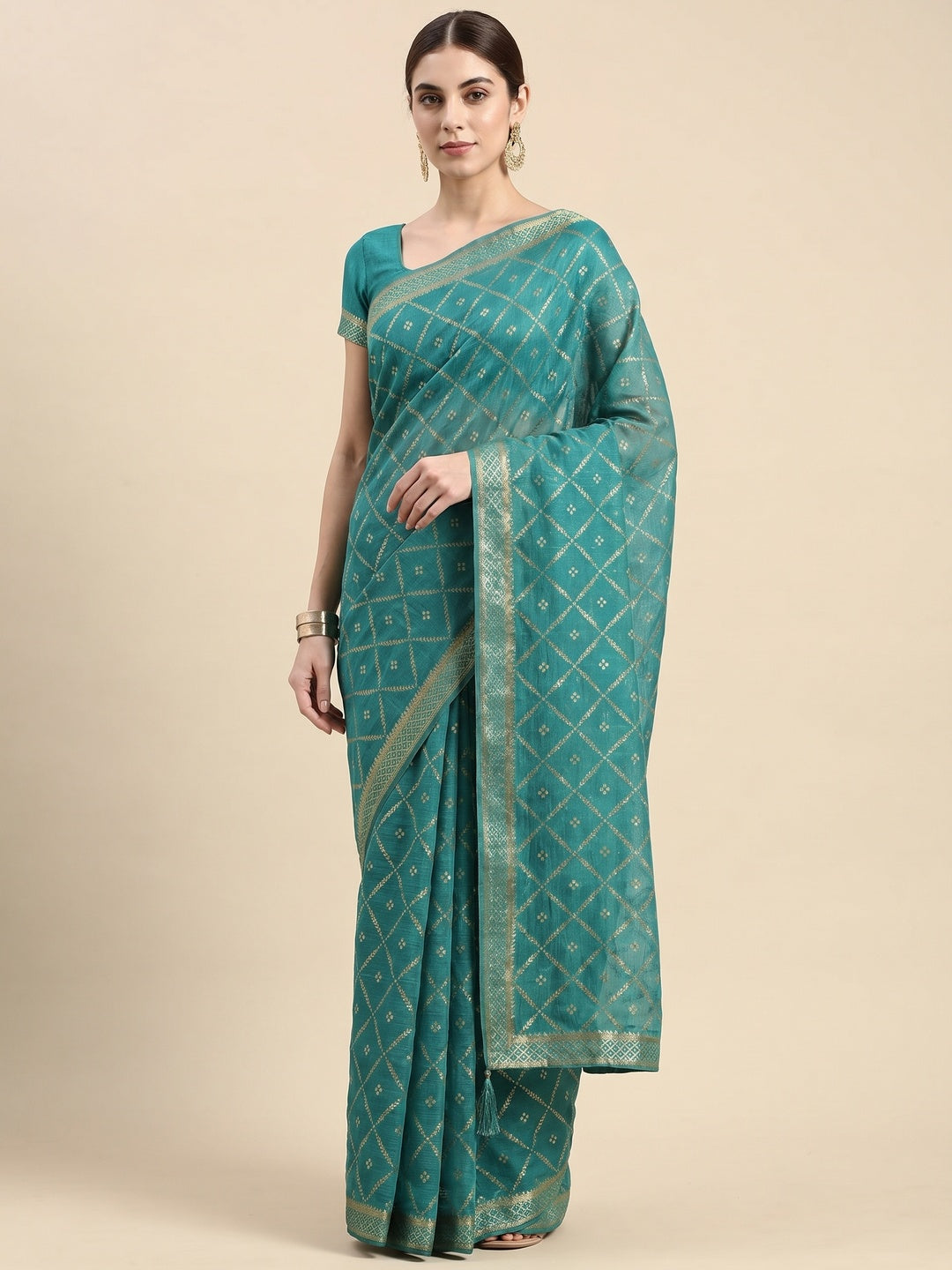 Turquoise Green Floral Foil Printed Zomato Saree - Image 1