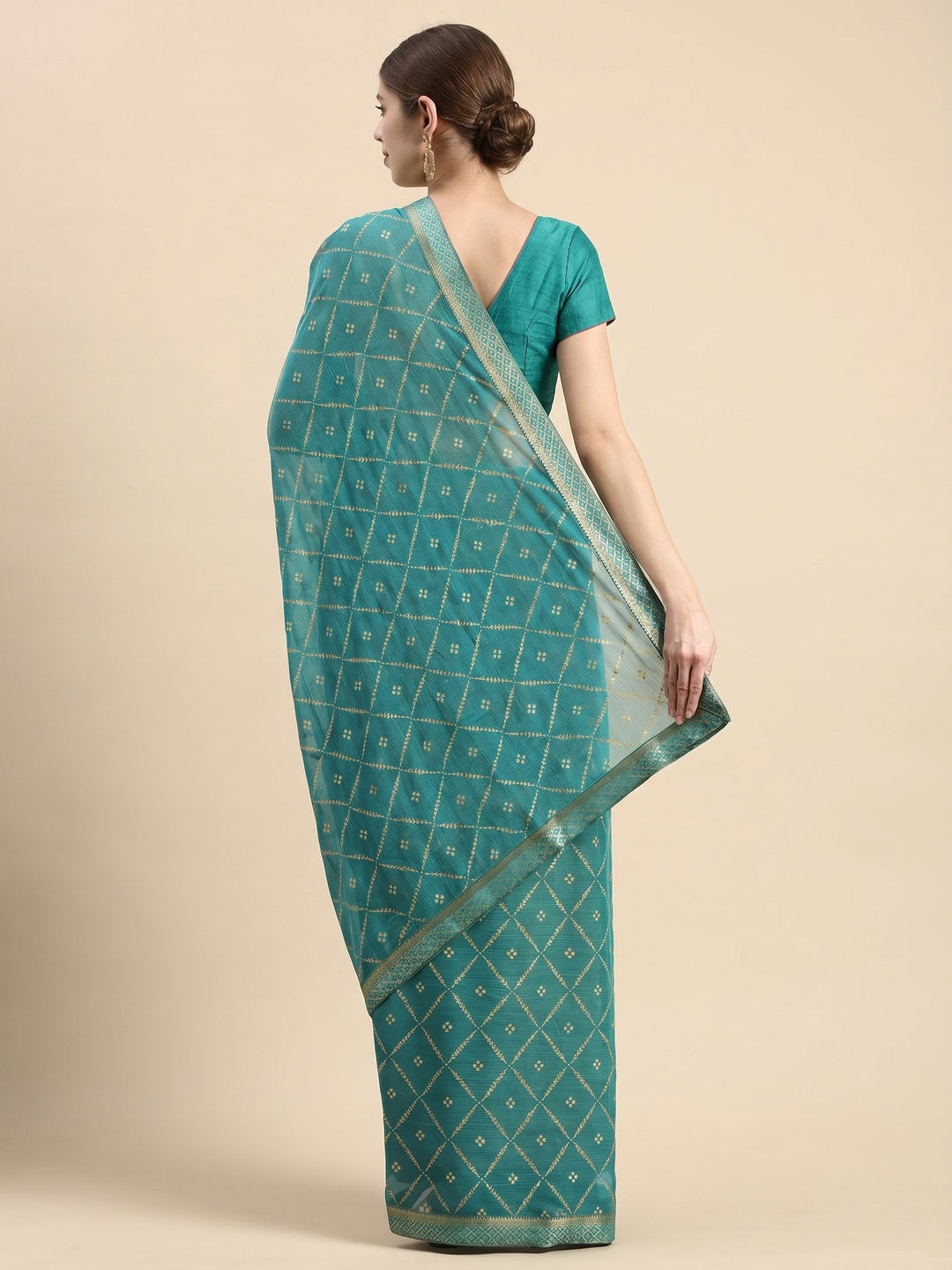 Turquoise Green Floral Foil Printed Zomato Saree - Image 2