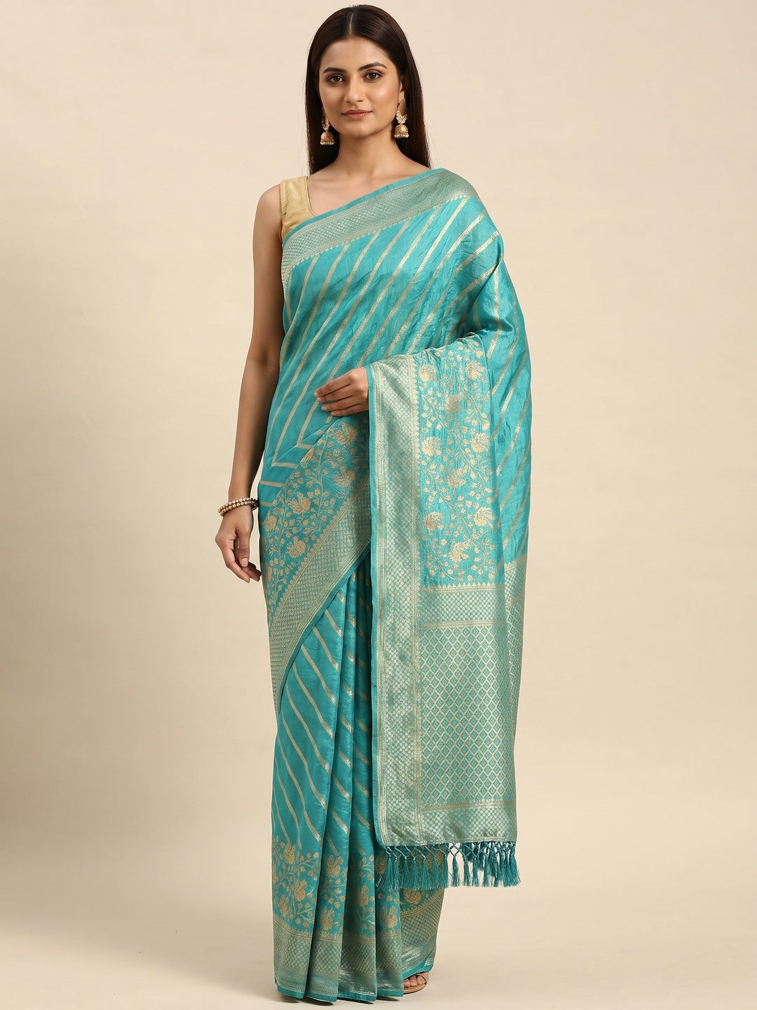 Elegant Blue Vichitra Silk Saree with Golden Zari Stripes and Floral Border - Image 1