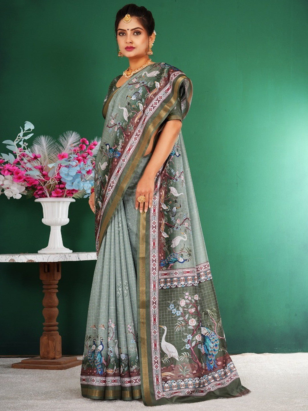 Majestic Sage Green Floral Saree With Peacock & Crane Digital Printed Artwork On Dola Silk - Image 1