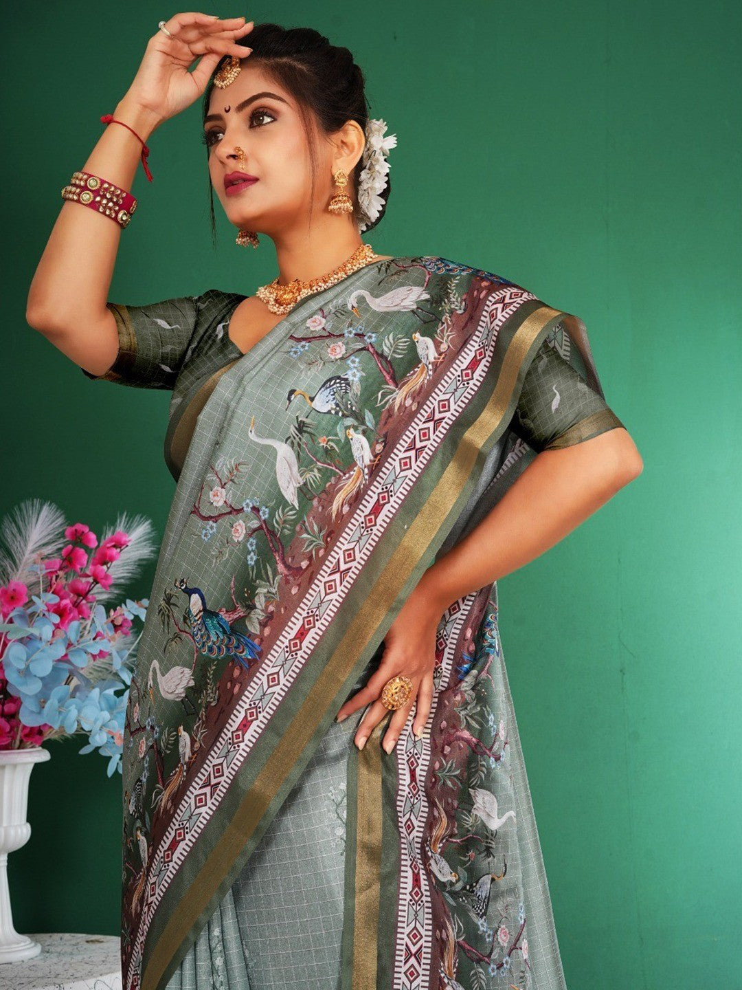Majestic Sage Green Floral Saree With Peacock & Crane Digital Printed Artwork On Dola Silk - Image 2
