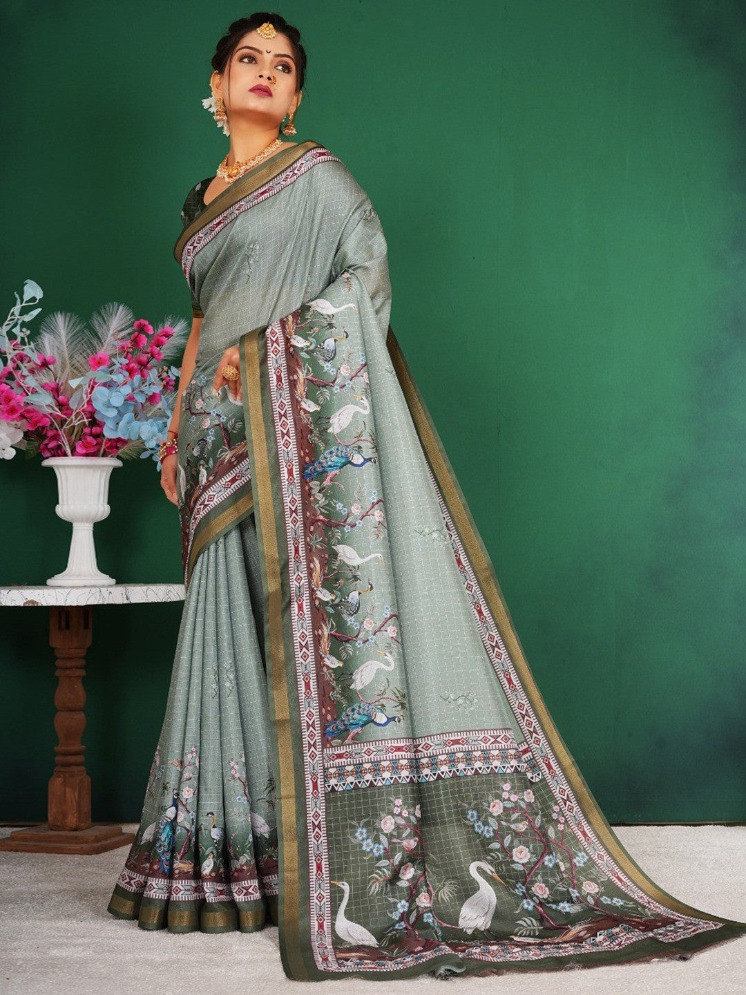 Majestic Sage Green Floral Saree With Peacock & Crane Digital Printed Artwork On Dola Silk - Image 3