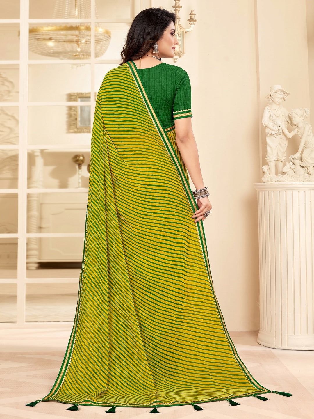 Yellow Green Digital Striped Printed Chiffon Saree With Tassels - Image 1