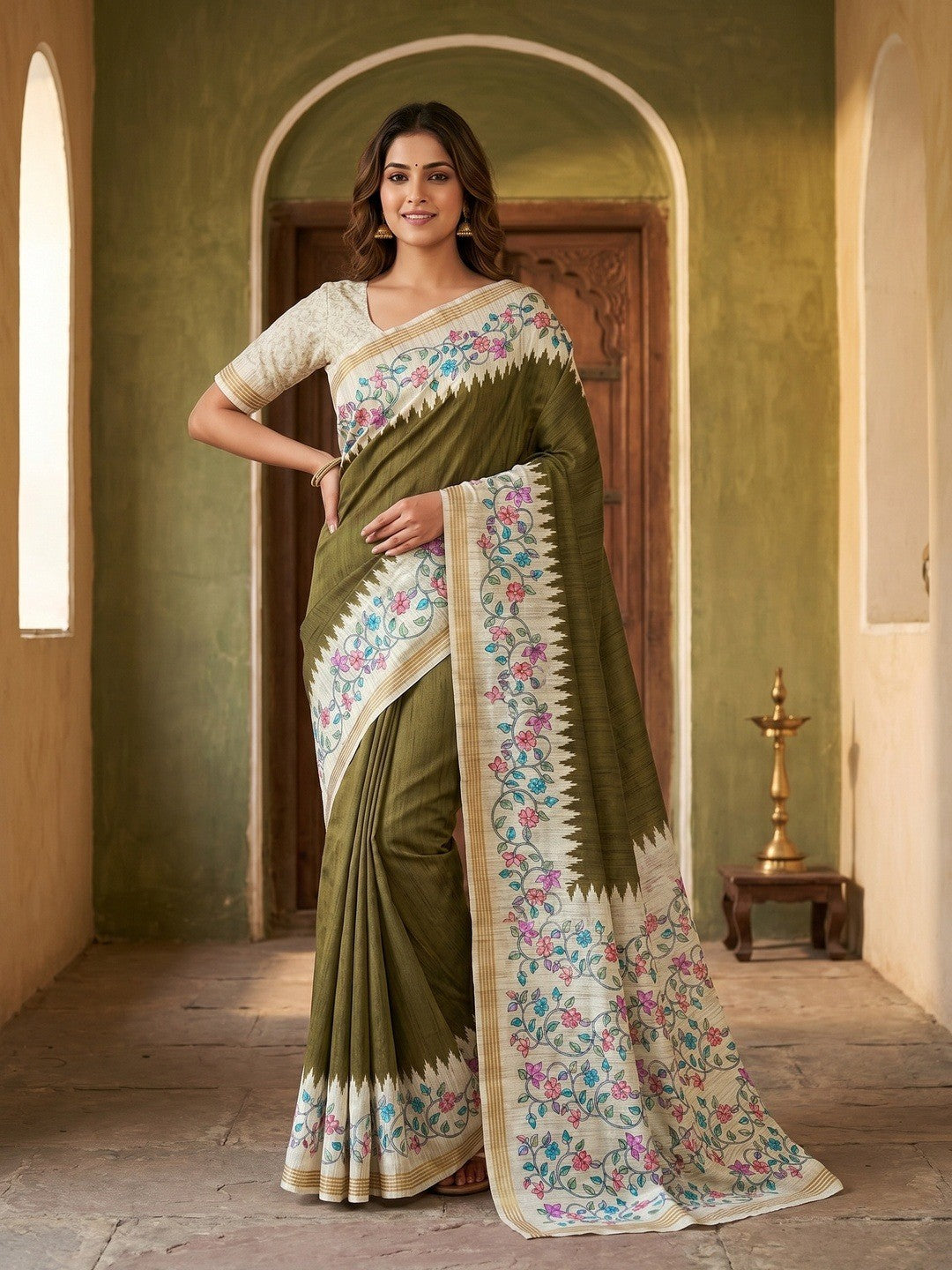 Luxurious Mehendi Green Floral Digital Print Dola Silk Saree With Stylish Designer Work - Image 1