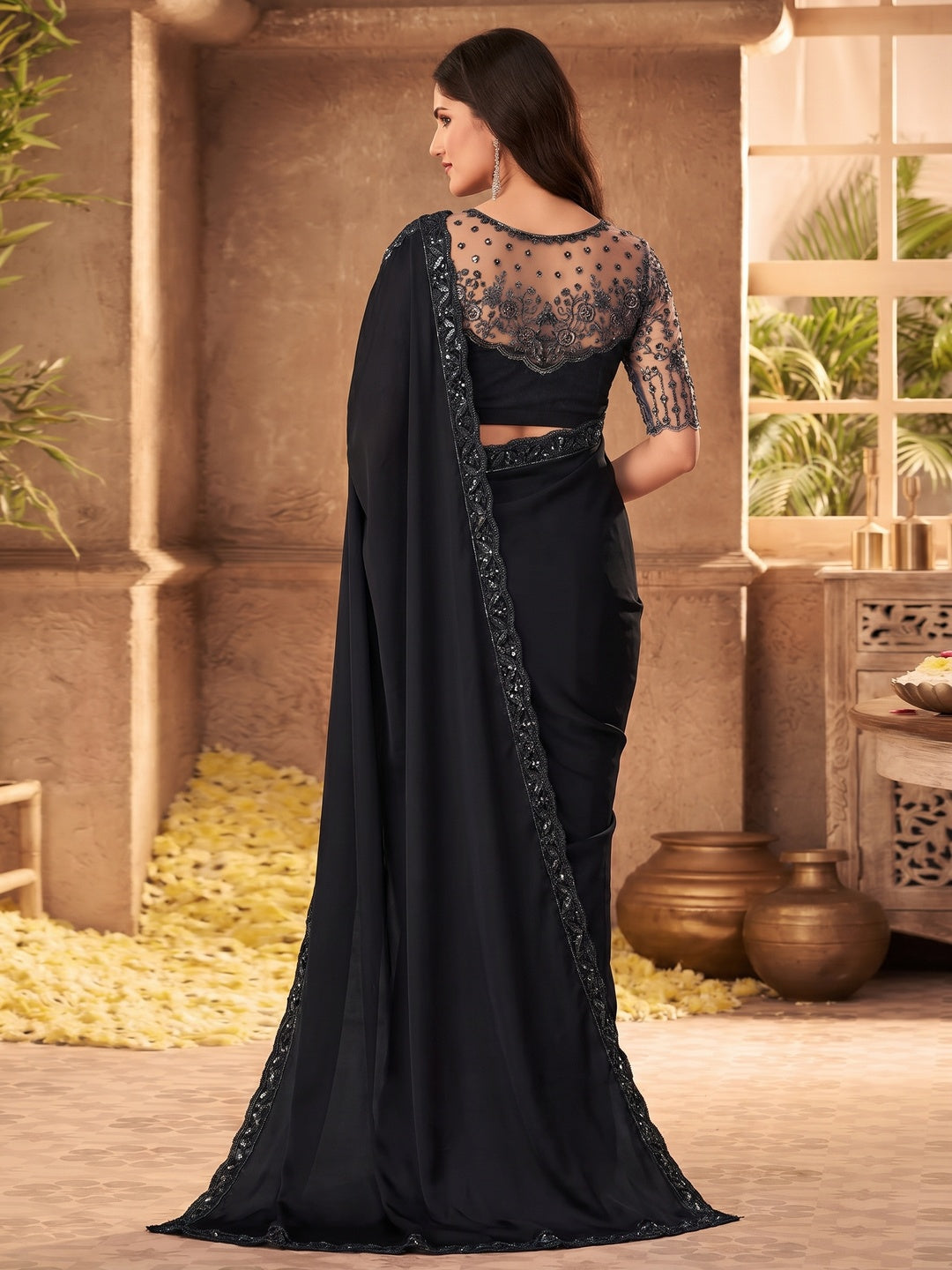 Black Embroidered Art Silk Saree - Image 2