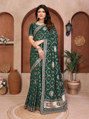Peachmode Green Vichitra Silk Bandhani Saree with Woven Border - Image 1