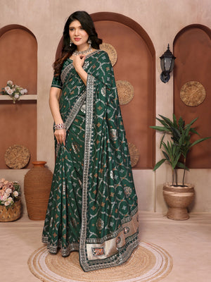 Peachmode Green Vichitra Silk Bandhani Saree with Woven Border - Image 2