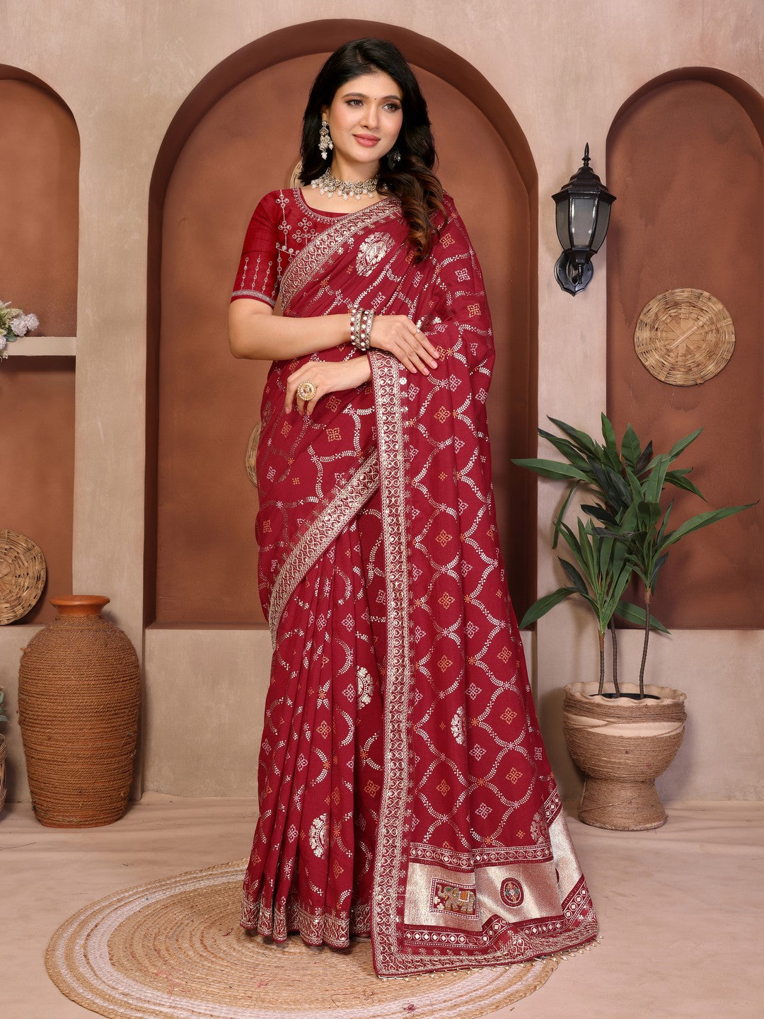 Peachmode Maroon Vichitra Silk Bandhani Saree with Woven Border - Image 1
