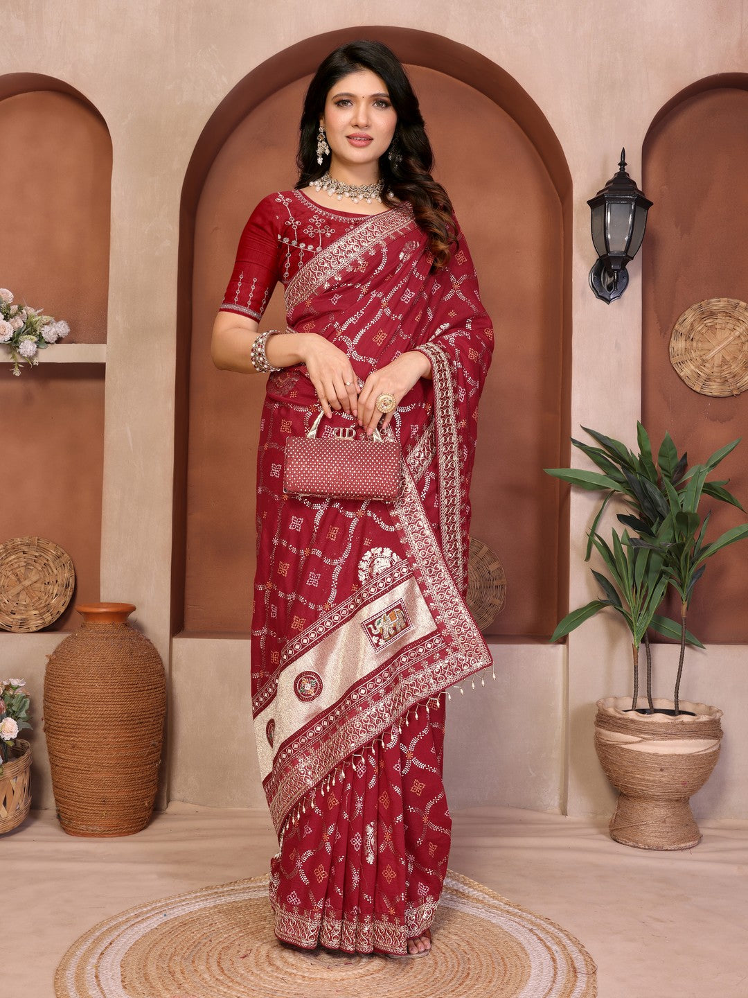 Peachmode Maroon Vichitra Silk Bandhani Saree with Woven Border - Image 2