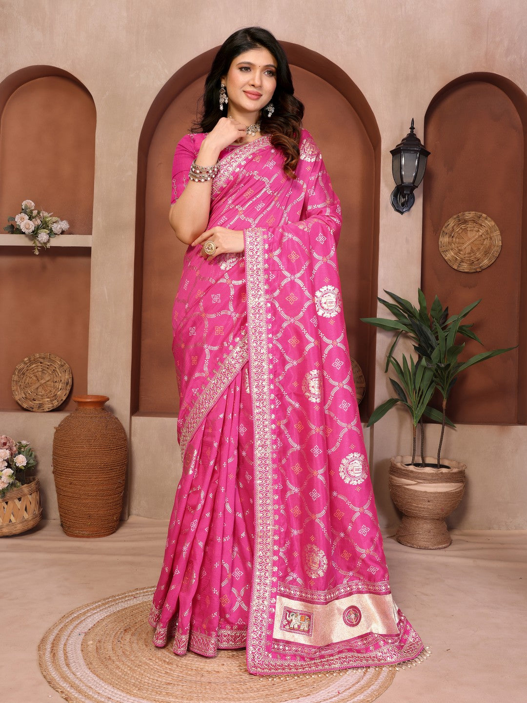Peachmode Pink Vichitra Silk Bandhani Saree with Woven Border - Image 1