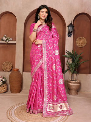 Peachmode Pink Vichitra Silk Bandhani Saree with Woven Border - Image 1