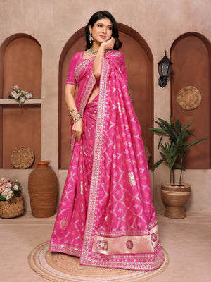 Peachmode Pink Vichitra Silk Bandhani Saree with Woven Border - Image 2