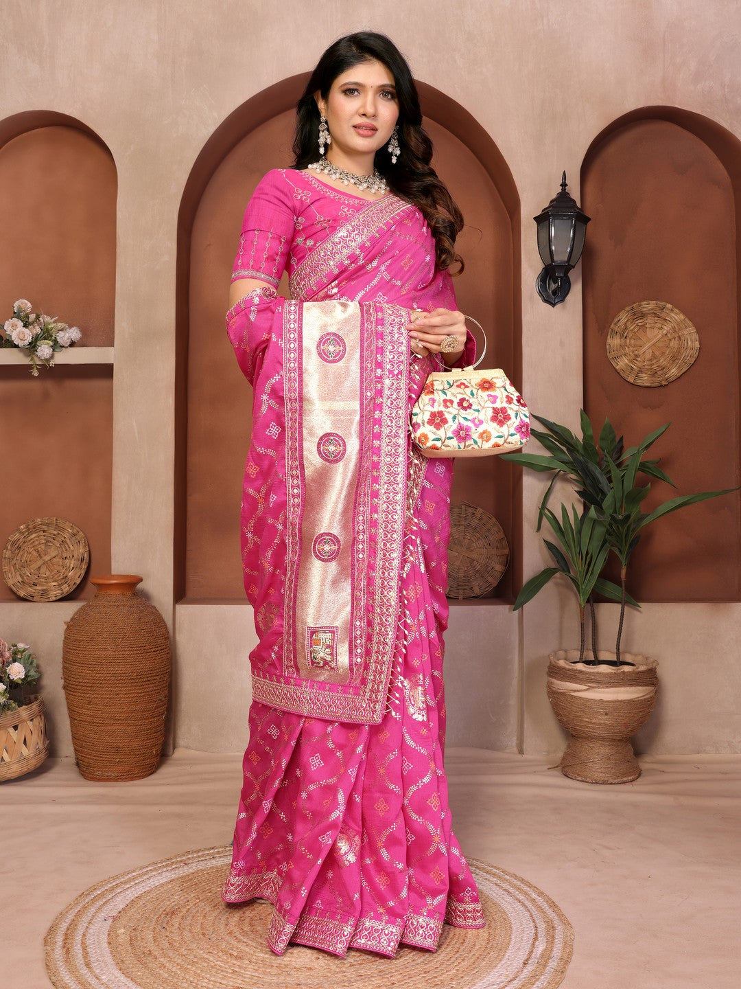 Peachmode Pink Vichitra Silk Bandhani Saree with Woven Border - Image 3
