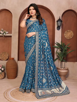 Peachmode Rama Green Vichitra Silk Bandhani Saree with Woven Border - Image 1