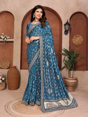 Peachmode Rama Green Vichitra Silk Bandhani Saree with Woven Border - Image 2