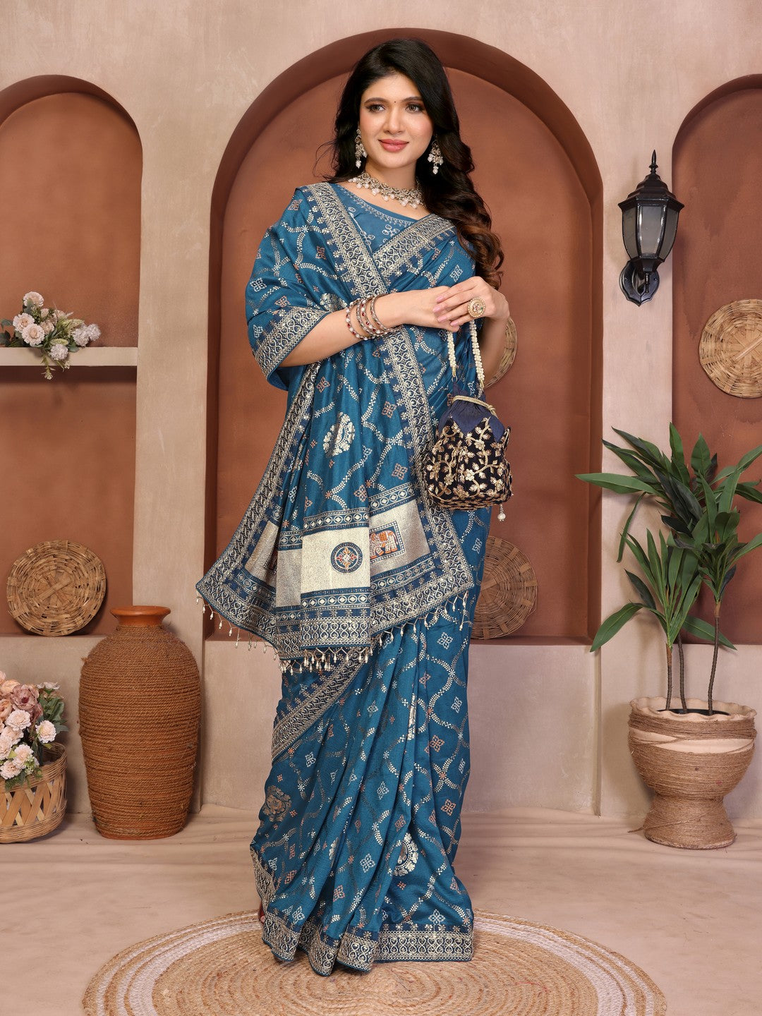Peachmode Rama Green Vichitra Silk Bandhani Saree with Woven Border - Image 3