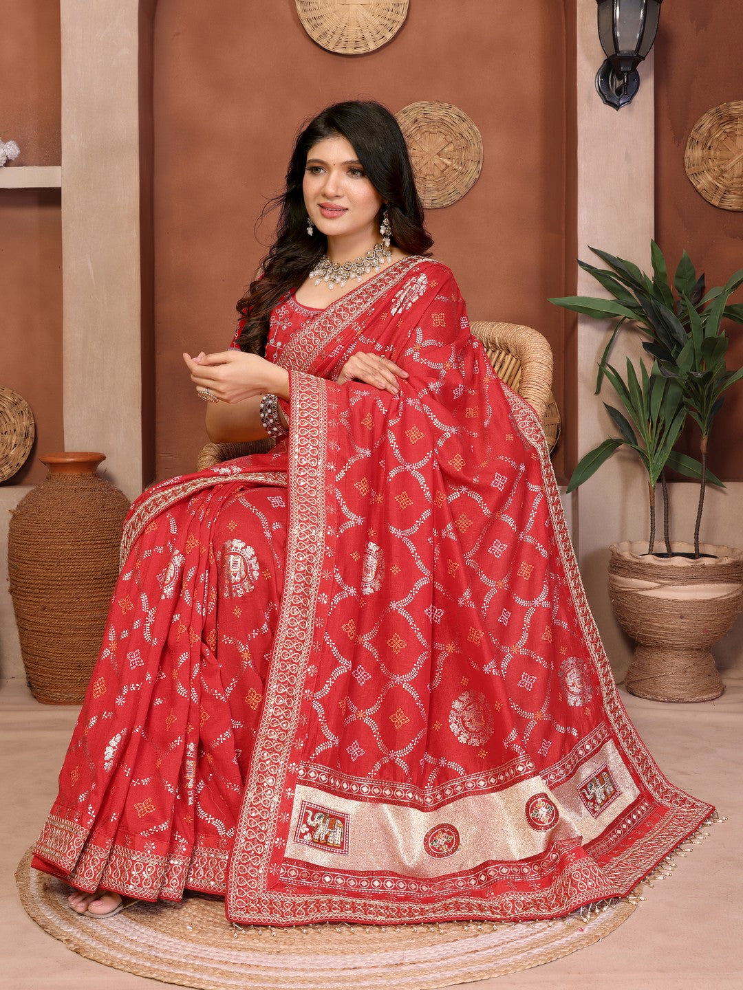 Peachmode Red Vichitra Silk Bandhani Saree with Woven Border - Image 1