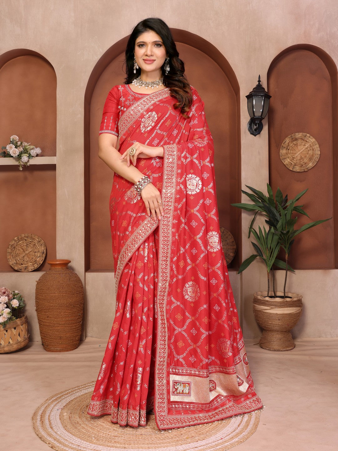 Peachmode Red Vichitra Silk Bandhani Saree with Woven Border - Image 3