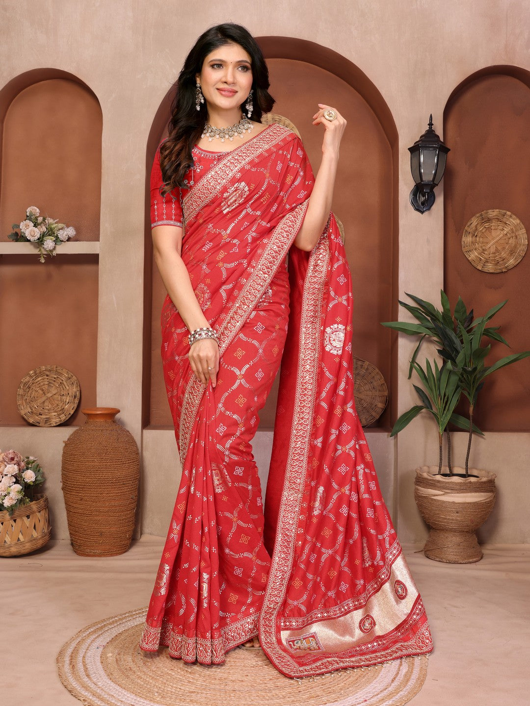 Peachmode Red Vichitra Silk Bandhani Saree with Woven Border - Image 4