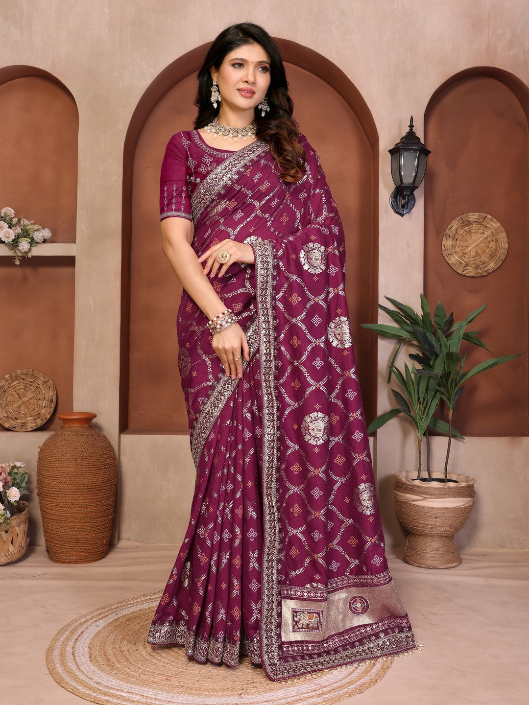 Peachmode Wine Vichitra Silk Bandhani Saree with Woven Border - Image 1