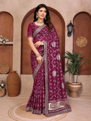 Peachmode Wine Vichitra Silk Bandhani Saree with Woven Border - Image 1