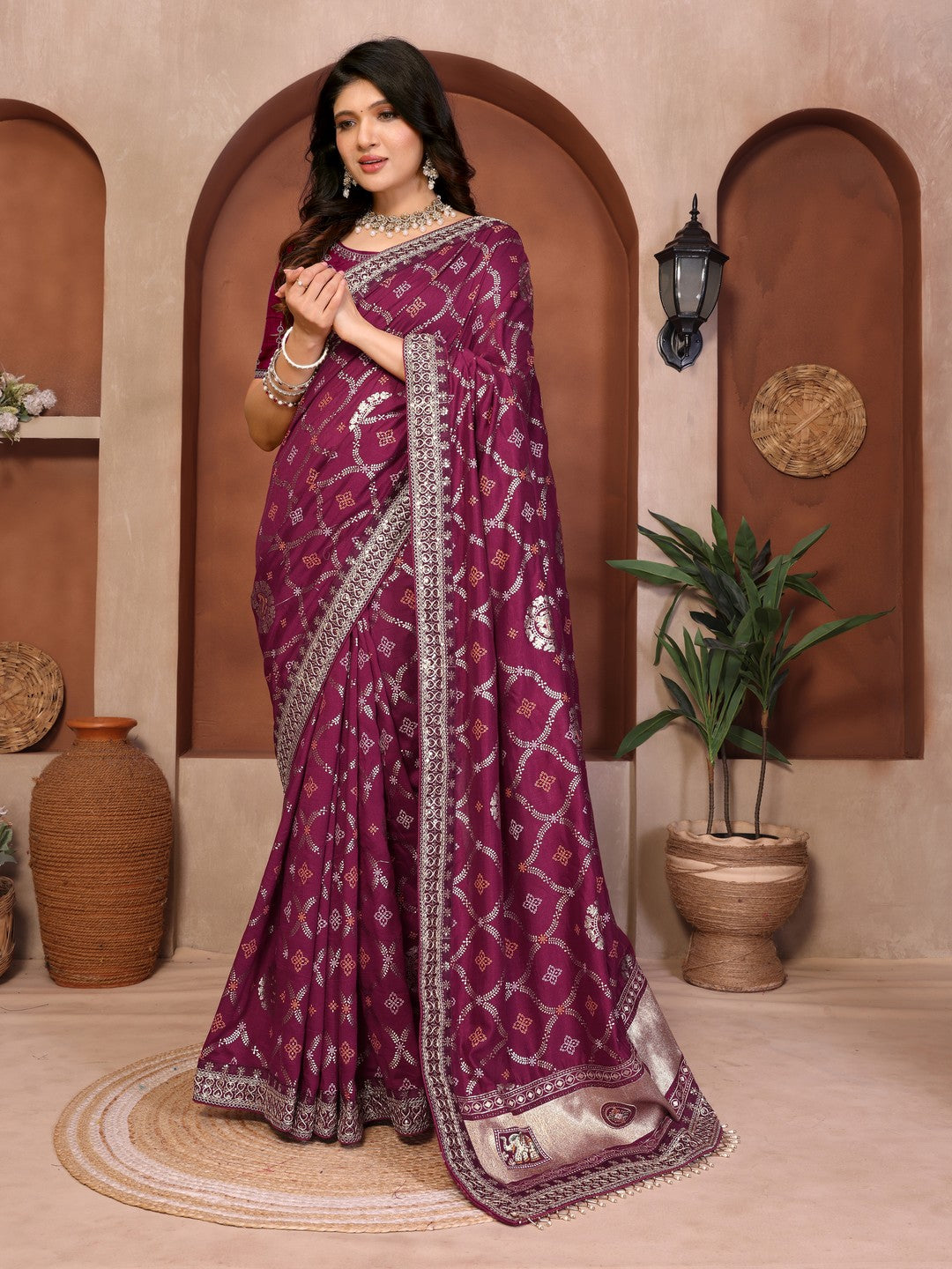 Peachmode Wine Vichitra Silk Bandhani Saree with Woven Border - Image 2