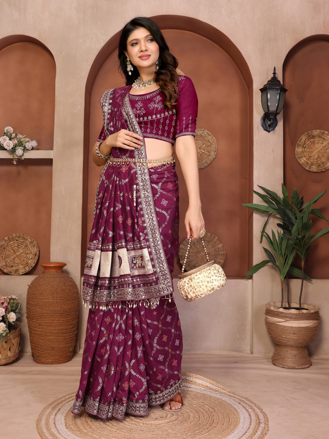 Peachmode Wine Vichitra Silk Bandhani Saree with Woven Border - Image 4