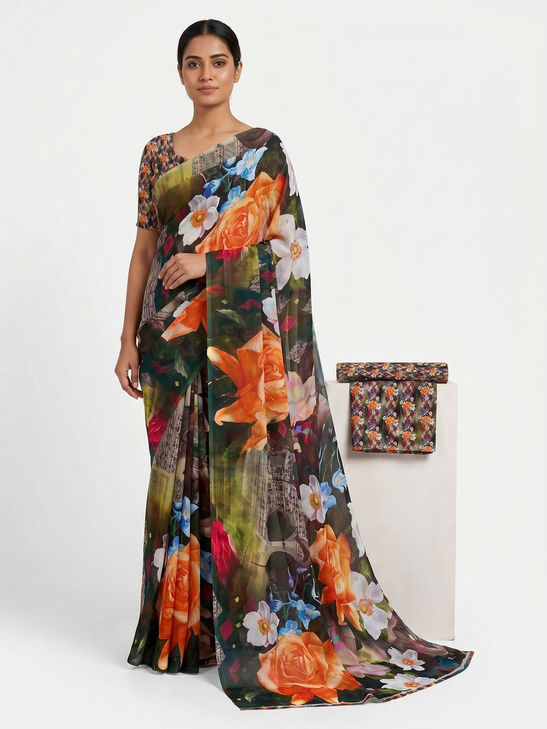 Multicolor Digital Floral Printed Georgette Saree - Image 1